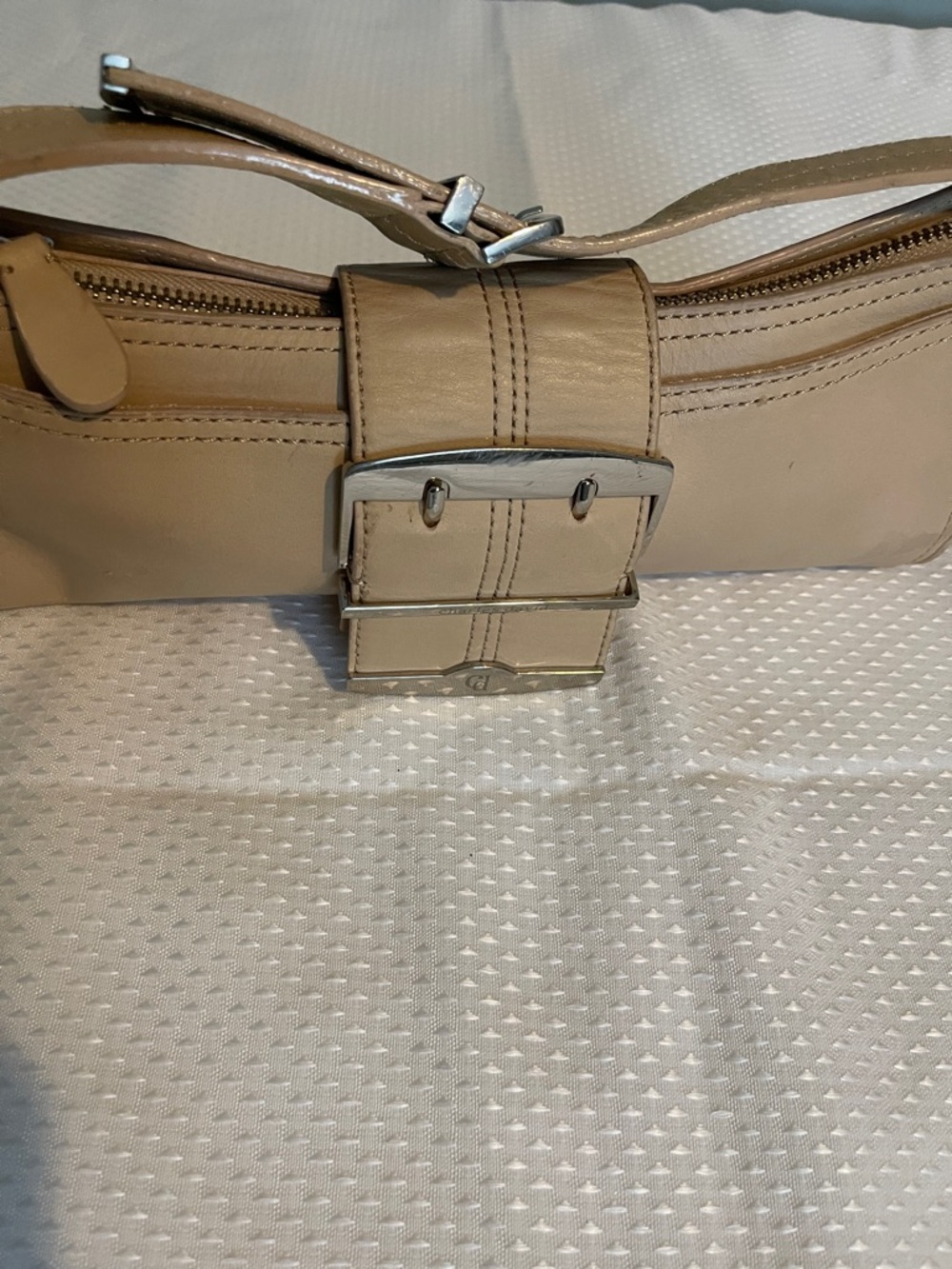 Charles David Taupe Leather Shoulder Bag with Buckle Accent